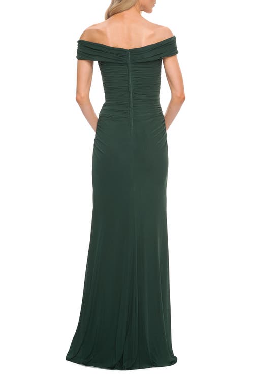 Shop La Femme Ruched Off The Shoulder Net Jersey Evening Dress In Emerald