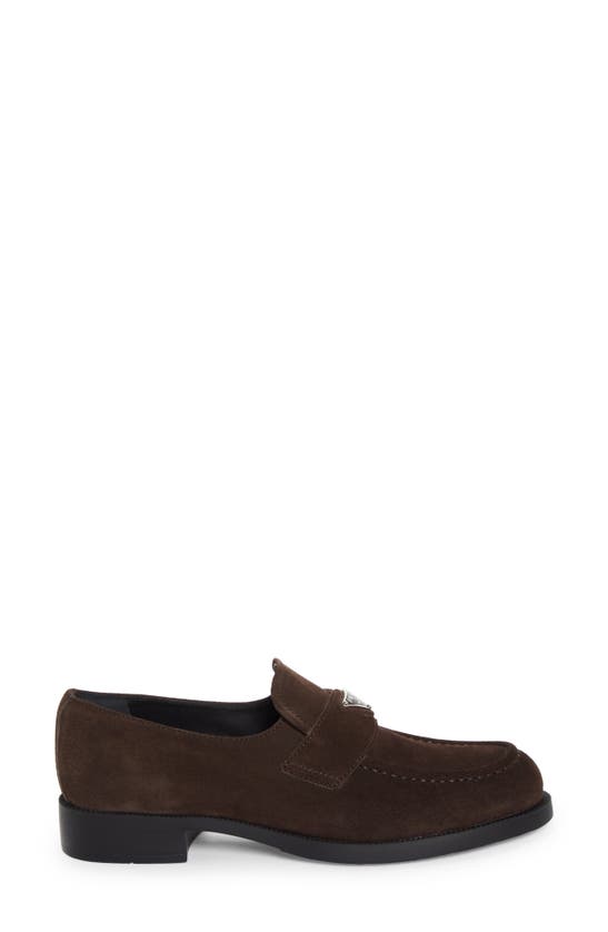 Prada Enamel Triangle-logo Suede Loafers In Moro