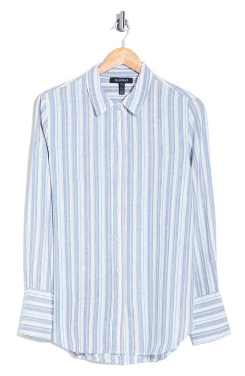 Shop Ellen Tracy Linen Blend Button-up Shirt In Blue/tan Stripe