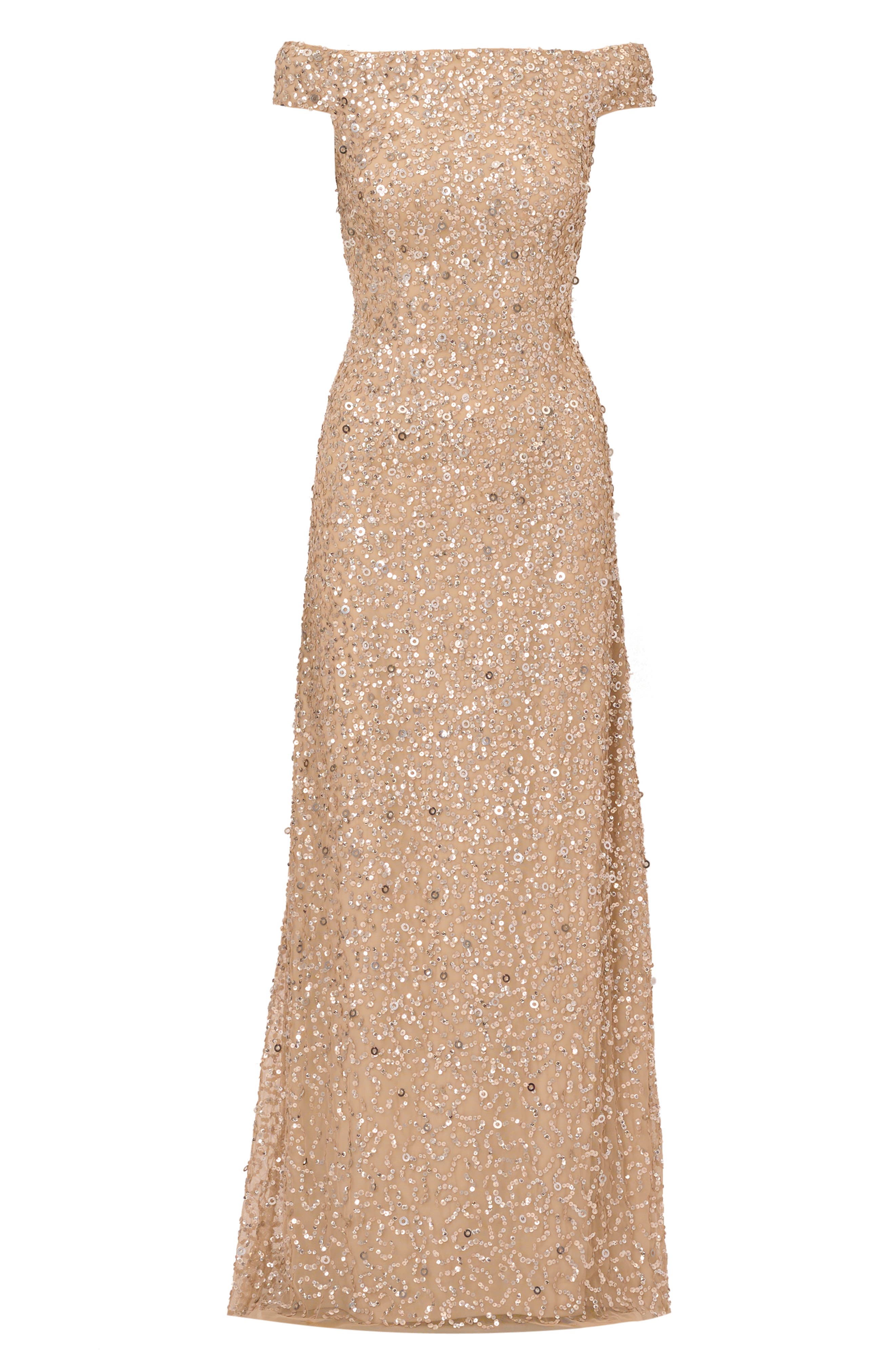 Adrianna Papell Sequin Mesh Gown in Champagne Smart Closet