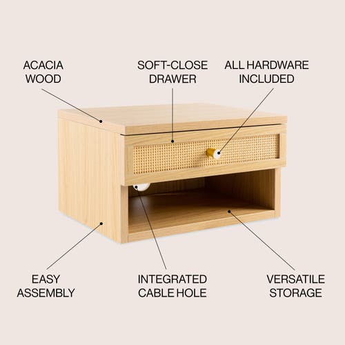 Jonathan Y Celerie Mid-century Modern Floating Wall Mounted Nightstand With Soft-close Rattan Drawer In Light Oak