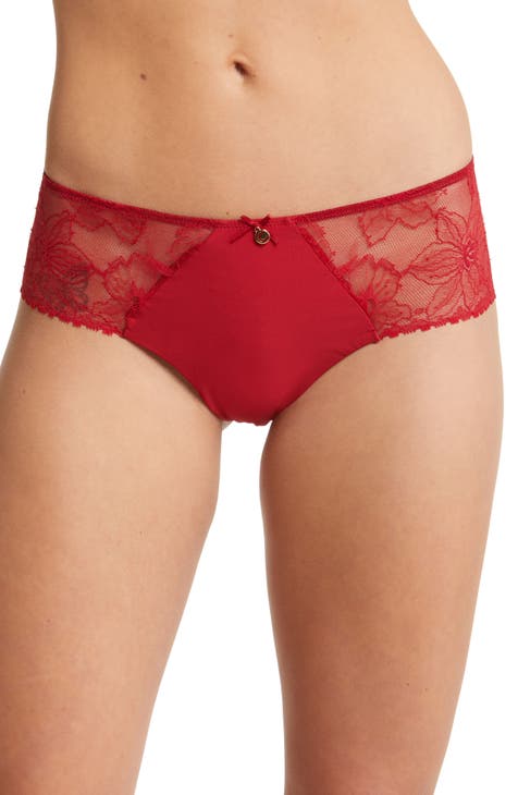 Cute Red Panties With Floral Design And Bow. Hipsters, Brazilian