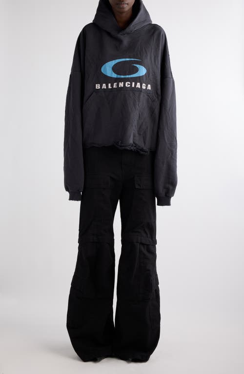 Shop Balenciaga Logo Distressed Crop Graphic Hoodie In Washed Black/blue