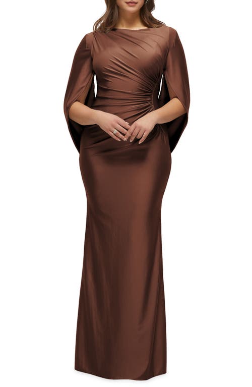 Shop After Six Cape Sleeve Satin Gown In Cognac