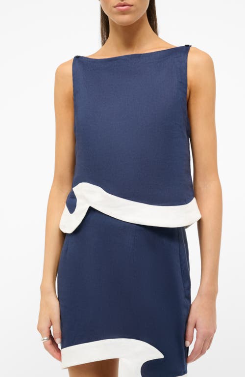 Shop Staud Raphael Sleeveless Linen Top In Navy/white