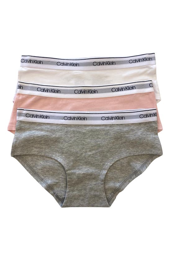 Calvin Klein Kids' Stretch Cotton Hipster Panties In Heather/ Crystal Pink/ White