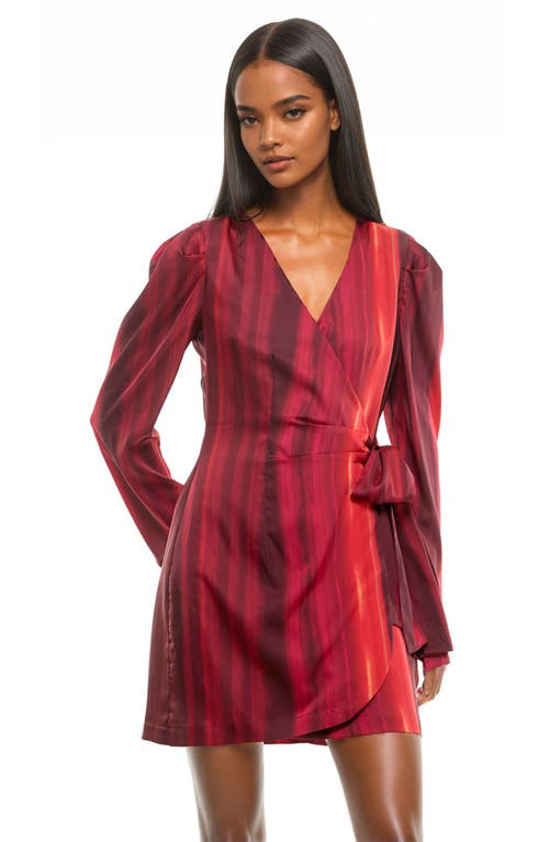 Shop Socialite Stripe Long Sleeve Satin Wrap Dress In Red Ombre