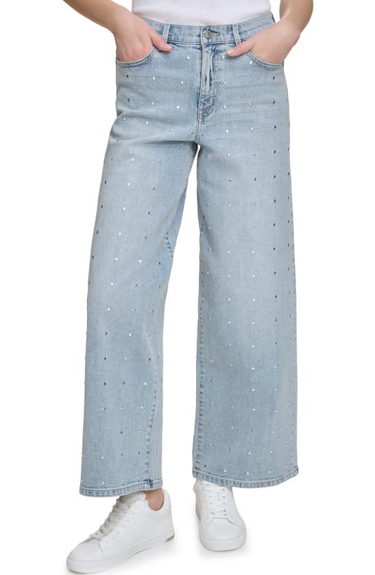 Shop Dkny Stud Detail High Waist Wide Leg Jeans In Atlantic
