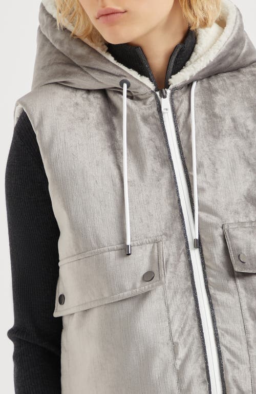 Shop Brunello Cucinelli Cotton And Viscose Sleek Velvet Down Vest With Shiny Trims In Silver