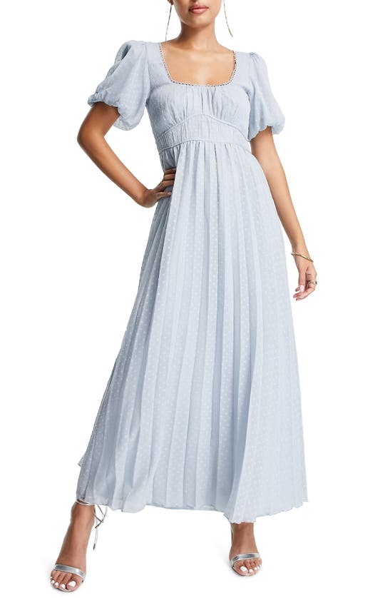 ASOS DESIGN PLEATED DOBBY PUFF SLEEVE MIDI DRESS