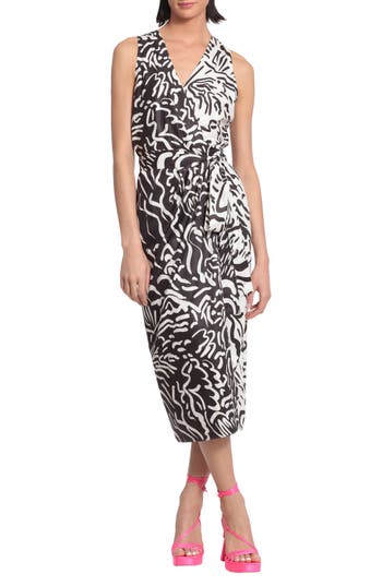 Shop Donna Morgan Sleeveless Midi Wrap Dress In Ivory/black