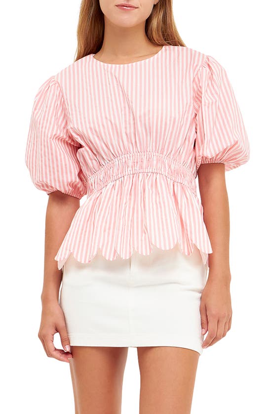 English Factory Stripe Puff Sleeve Peplum Top In Pink Stripes