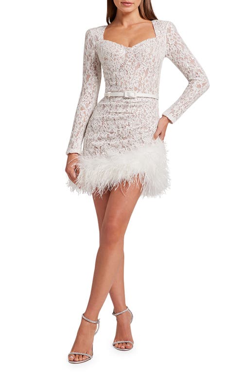 Carly Sequin Lace Feather Trim Long Sleeve Minidress in White