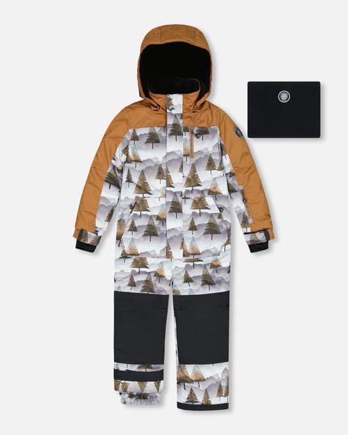 Deux Par Deux Kids'  Boy's One Piece Snowsuit Grey Landscape Printed Brown Trees In Printed Gradient Mountains