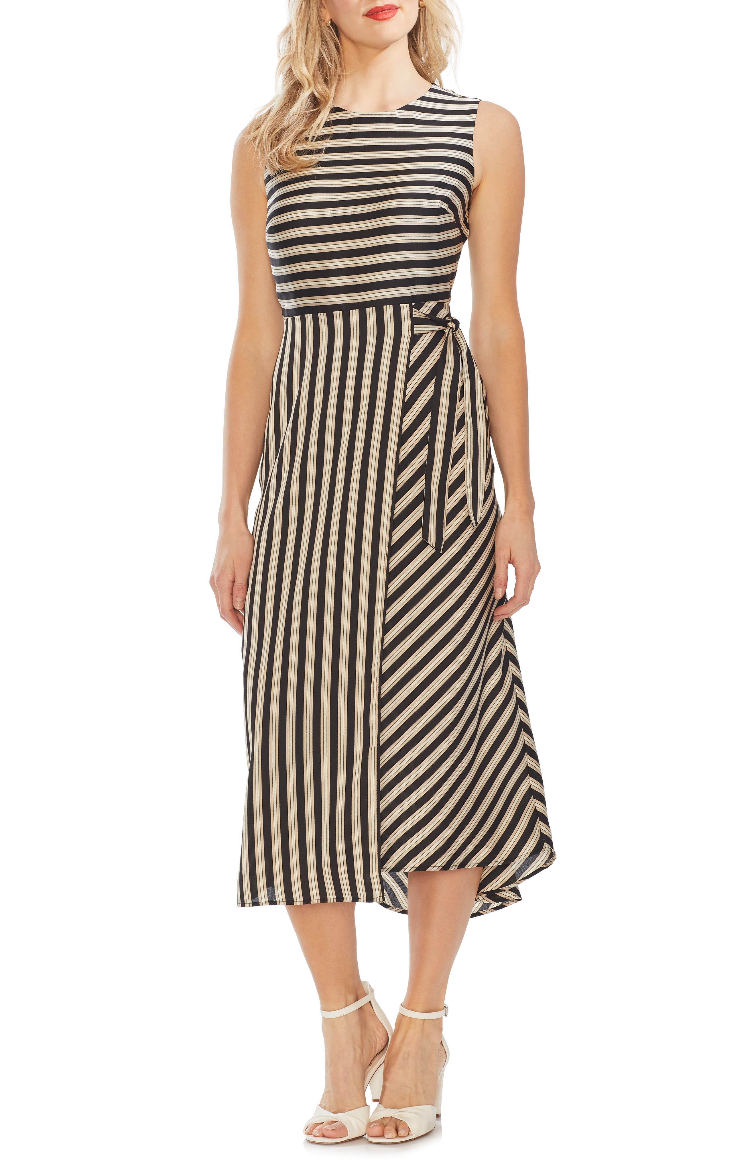 Vince Camuto Bay Stripe Side Tie Midi Dress, Black
