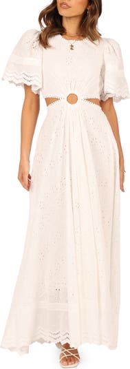 Chocolate Linen Look Lace Up Eyelet Maxi Dress