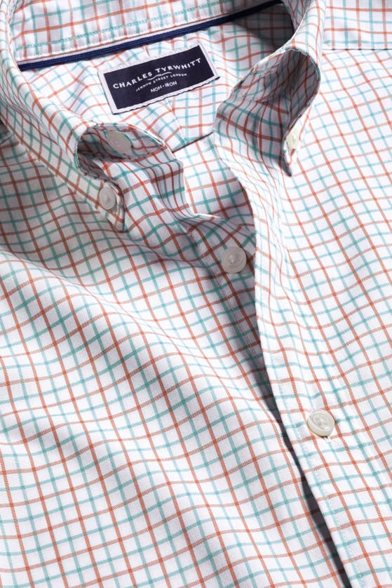 Shop Charles Tyrwhitt Slim Fit Button-down Collar Non-iron Stretch Poplin Check Shirt In Coral Pink