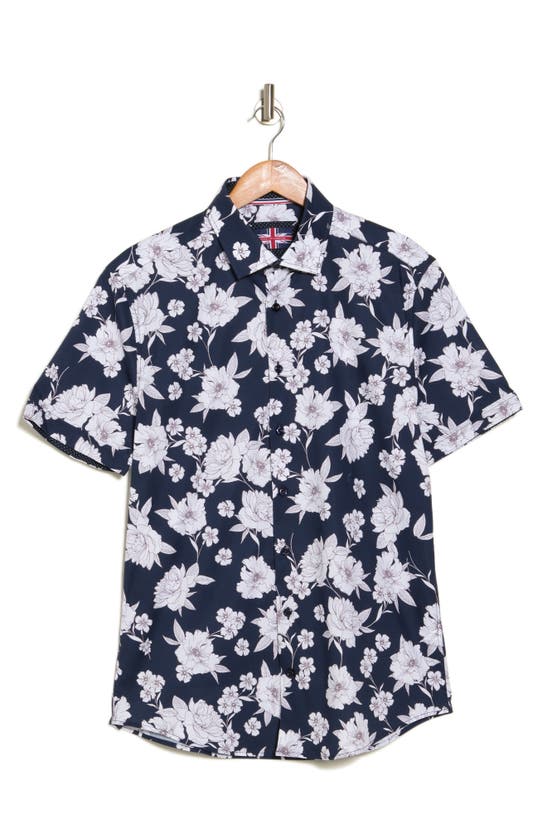 Soul Of London Floral Short Sleeve Stretch Cotton Button-up Shirt In Navy
