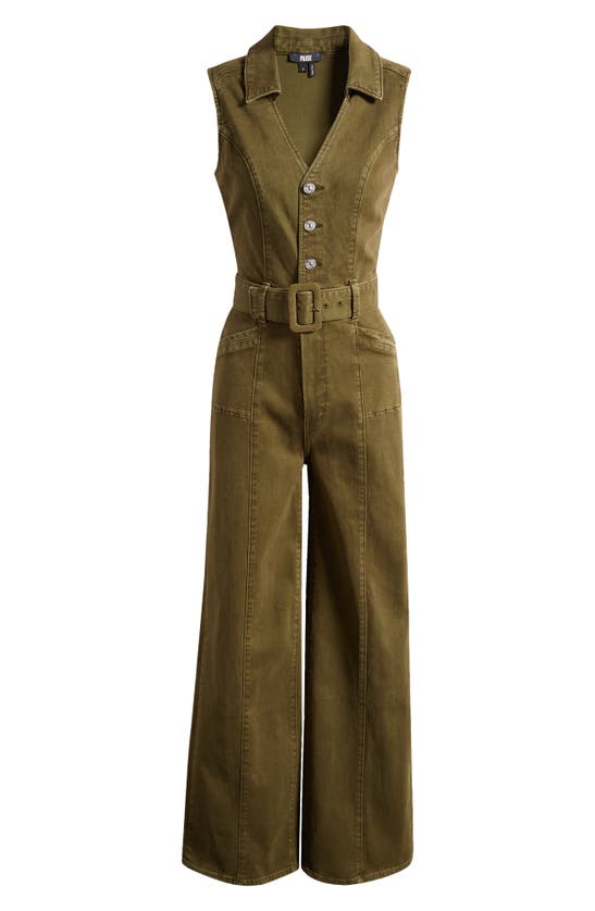 Shop Paige Sasha Belted Denim Jumpsuit In Vintage Olive Meadow