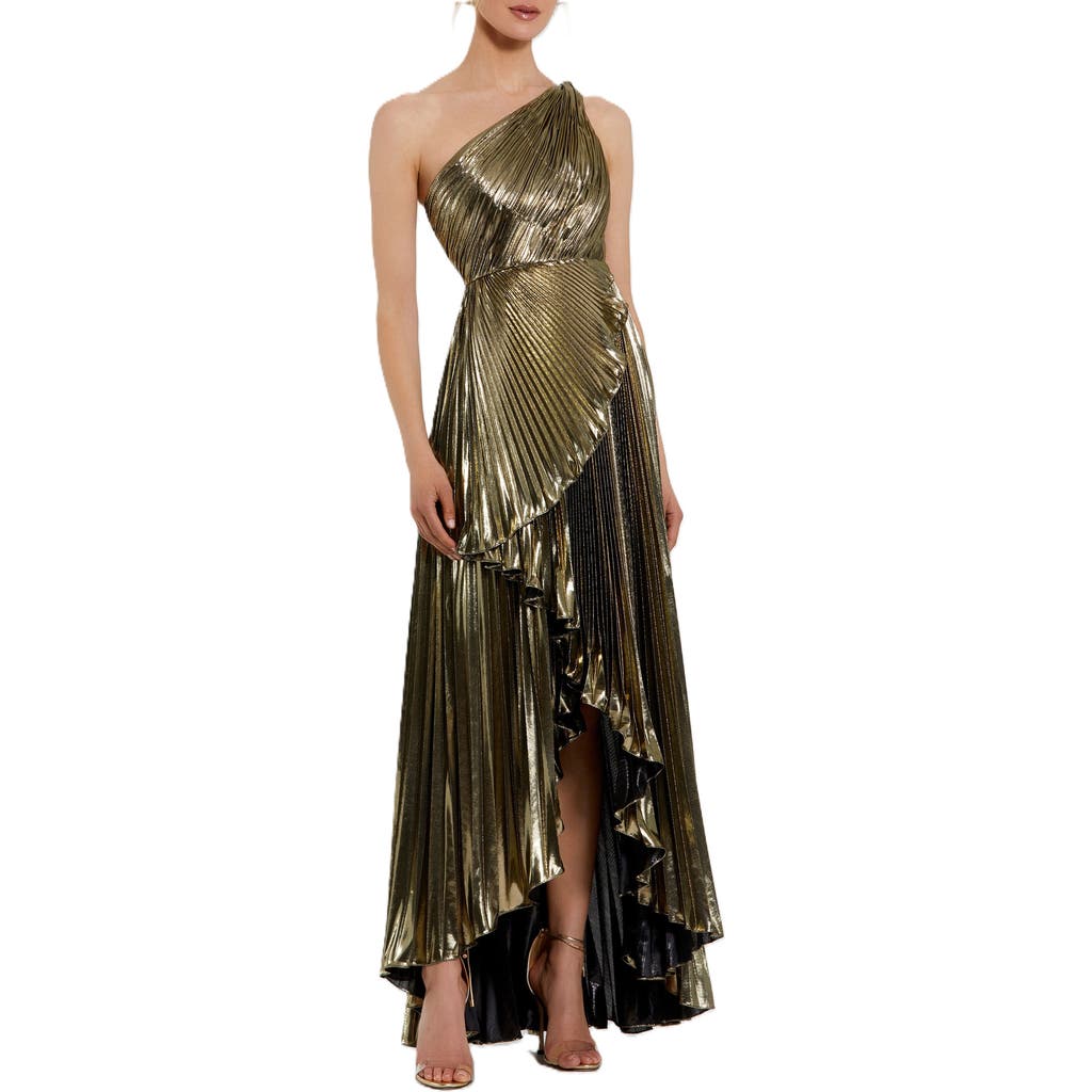 Mac Duggal Metallic Pleated Ruffle Hem One Shoulder High Low Gown In Gold