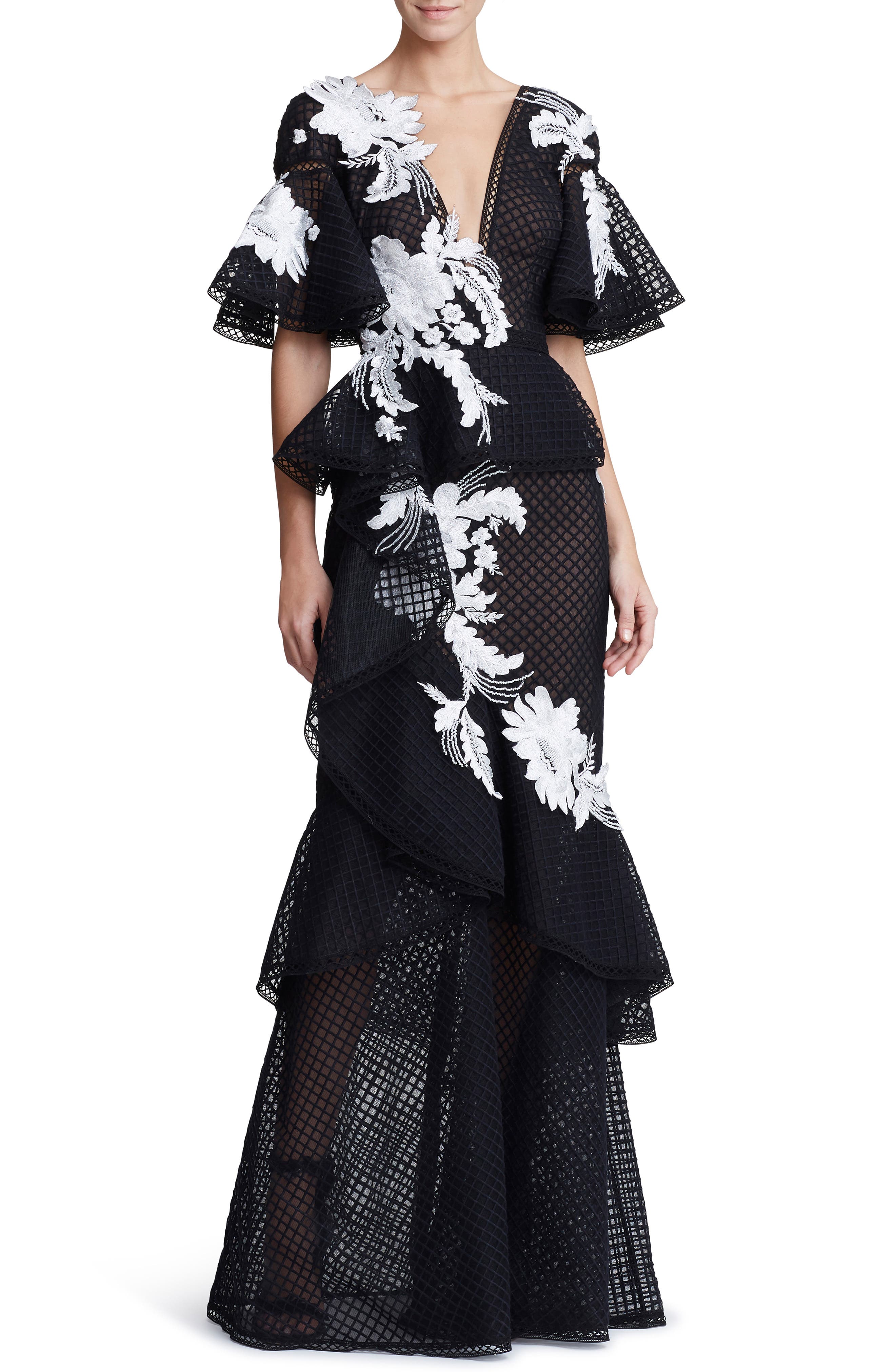 Marchesa Embroidered V-Neck Ruffle Gown, Black