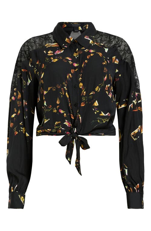 Shop Allsaints Len Floral Print Lace Trim Tie Hem Shirt In Kateri Black