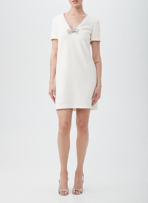 V Neck Bubble Hem Short Dress Vit White