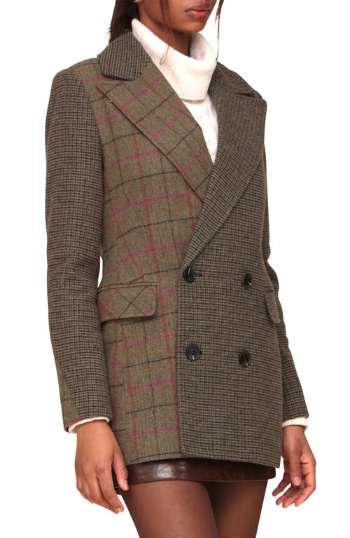 Shop Avec Les Filles Patchwork Double Breasted Blazer In Olive Plaid Mix