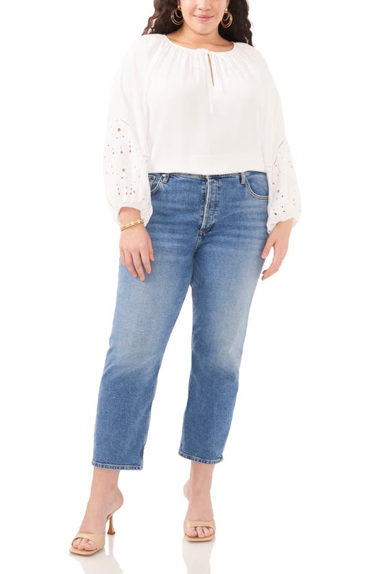 Shop Vince Camuto Eyelet Accent Split Neck Top In Ultra White