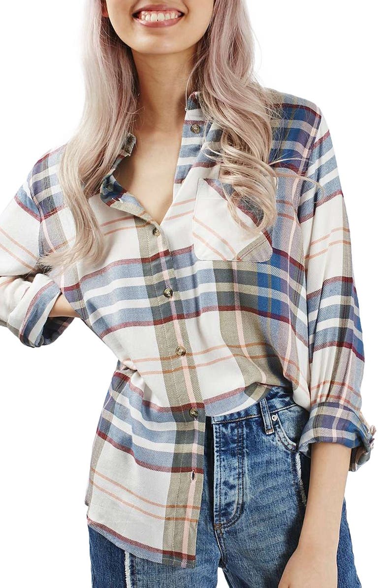 TOPSHOP Chest Pocket Plaid Shirt, Main, color, IVORY MULTI