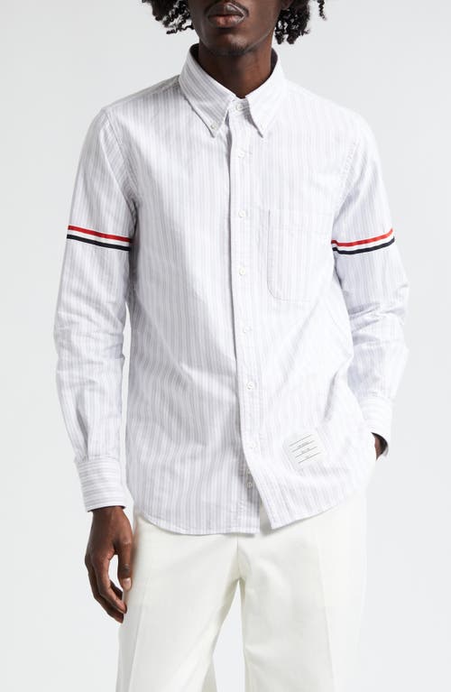 Thom Browne Stripe Straight Fit Button-Down Shirt Medium Grey at Nordstrom,