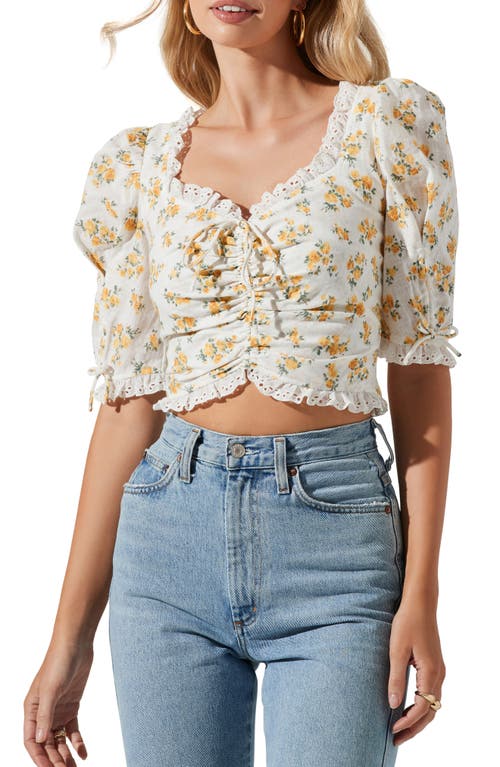 ASTR the Label Floral Ruched Cotton Crop Top in White Yellow Floral