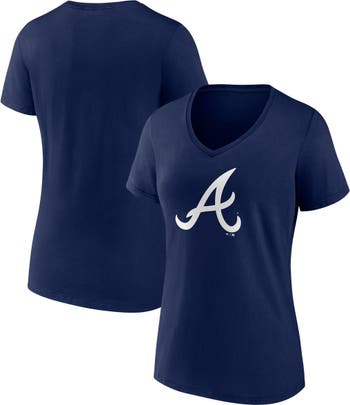 Women's Fanatics Branded White/Navy Atlanta Braves Iconic Noise Factor  Pinstripe V-Neck T-Shirt