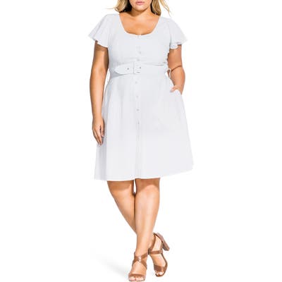 Plus Size City Chic Flutter Sleeve Belted Cotton Blend Dress, White