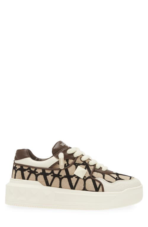 Valentino Garavani One Stud Xl Low-top Trainer In Nappa Leather And Toile Iconographe Fabric In Kfn-naturale-nero/ Ivory