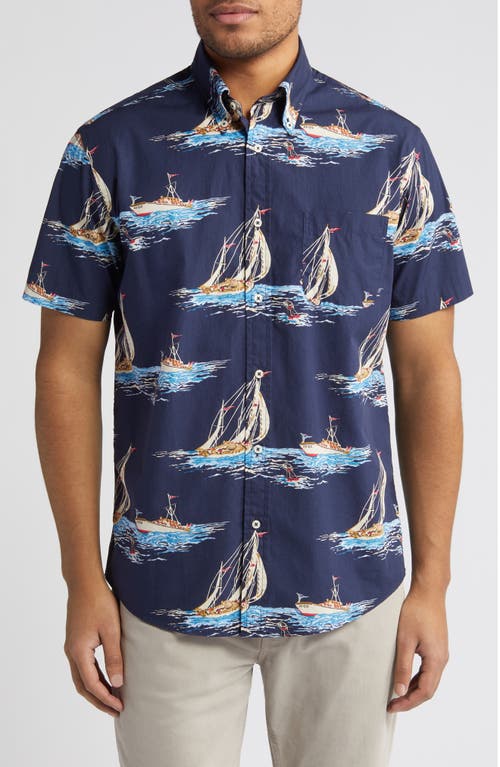 Shop Brooks Brothers Regular Fit Sailboat Print Short Sleeve Button-up Shirt In Navy