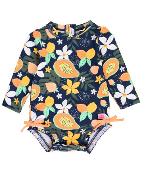 RuffleButts Girls Long Sleeve UPF50+ One Piece Rash Guard in Into The Tropics at Nordstrom, Size 3T