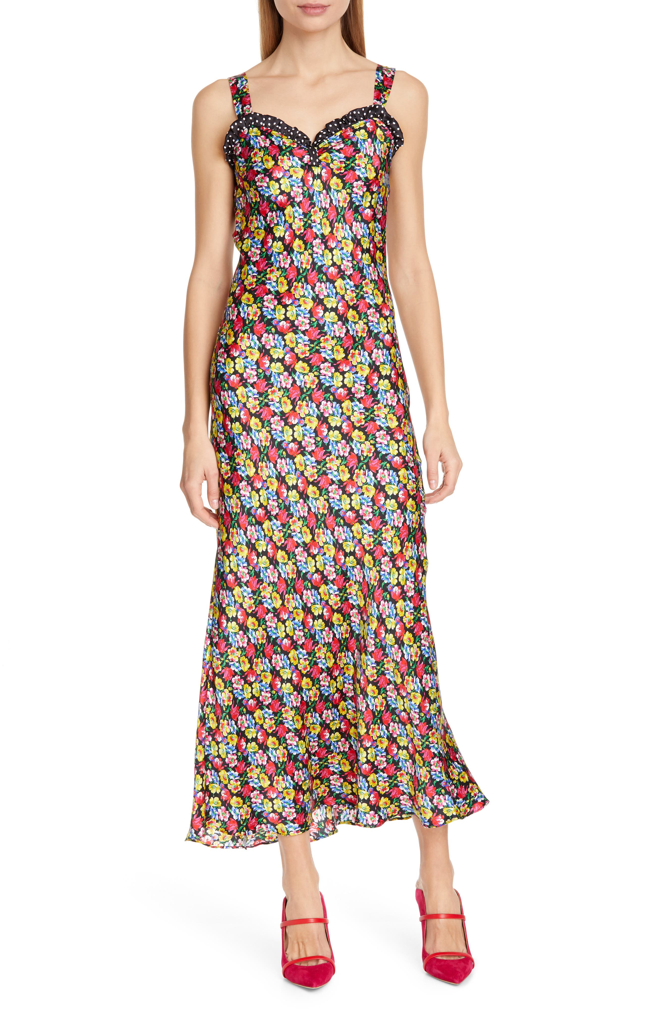 Rixo Juliet Floral & Polka Dot Print Dress, US / 14 UK - Black