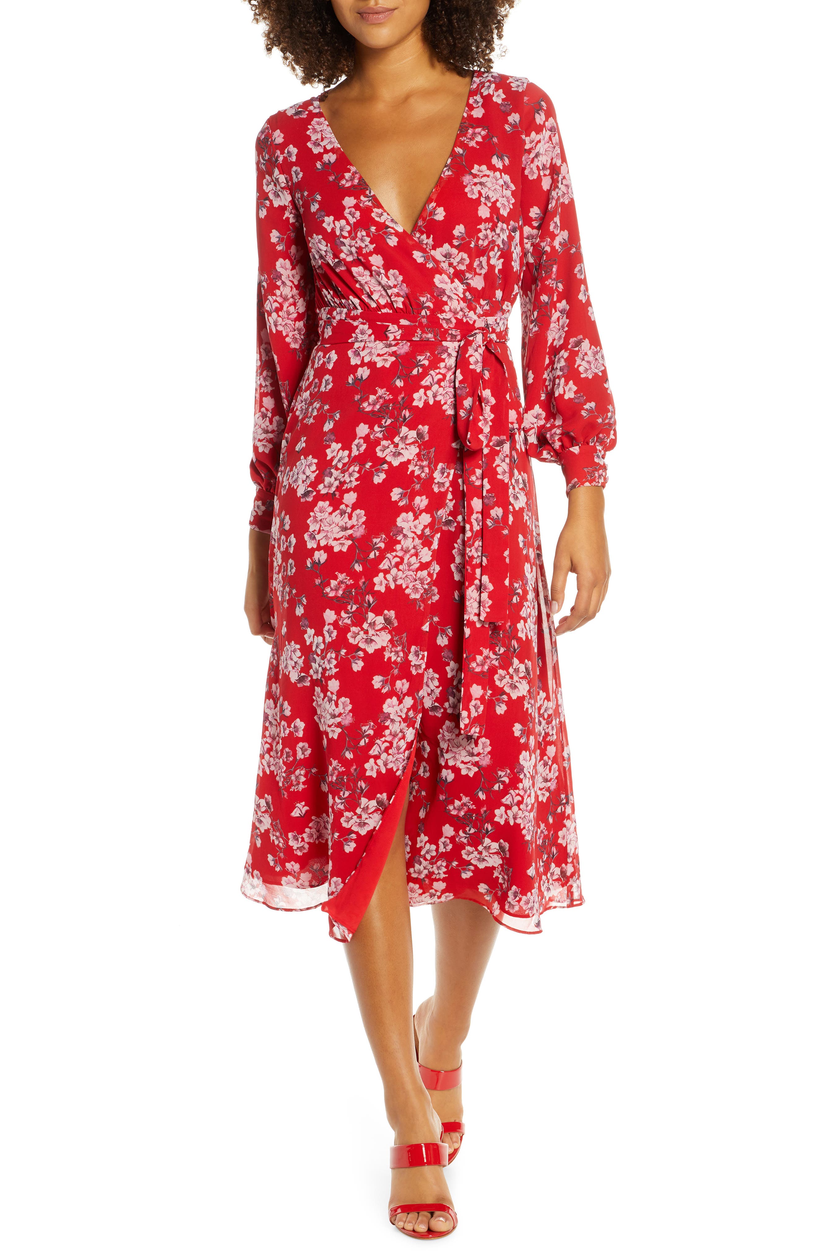 red floral long sleeve wrap dress