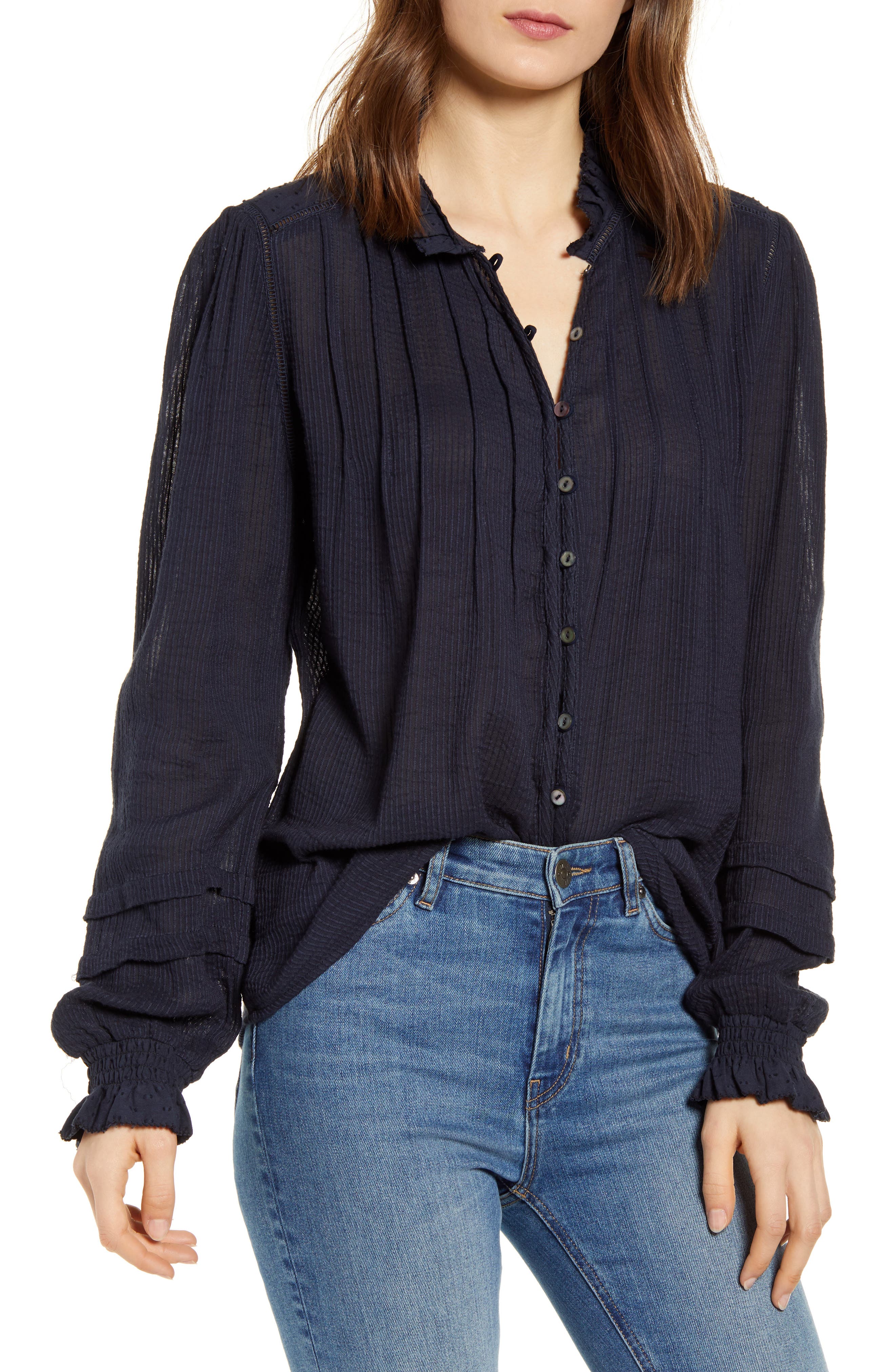Faherty Willa Button Front Peasant Blouse In Navy