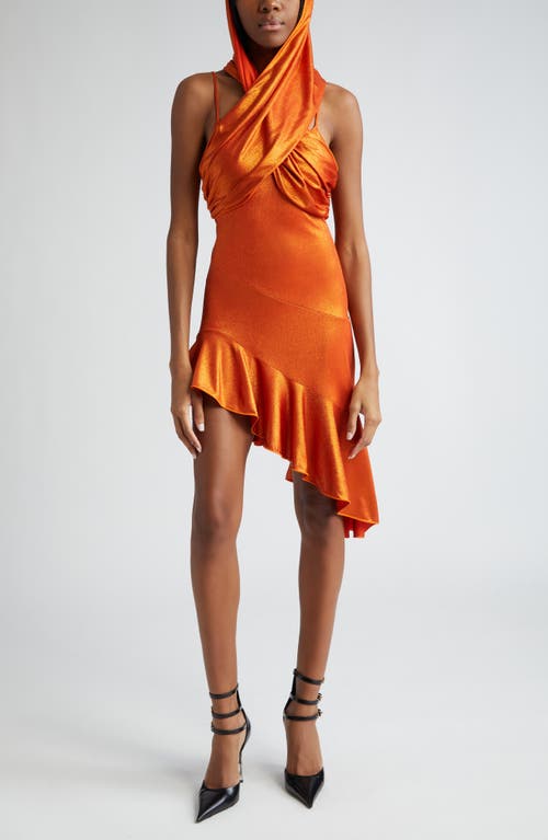 The Hood Asymmetric Jersey Halter Dress in Laminated Orange