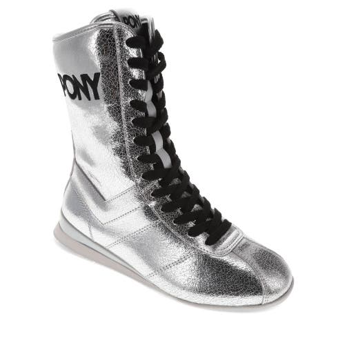 Pony Womens Ko-80 High Vintage Metallic Genuine Leather Premium Lace Up Athletic Sneaker Shoe In Silver