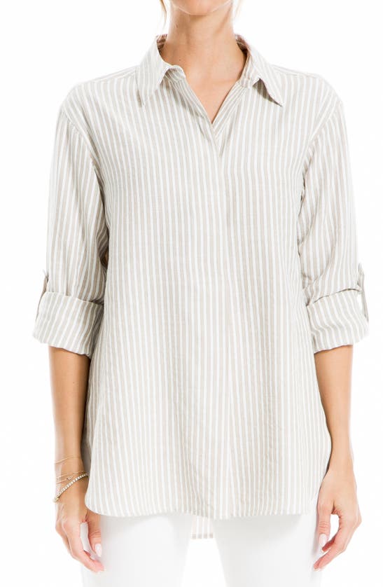 Max Studio Stripe Oversize Long Sleeve Button-up Tunic In Taupe