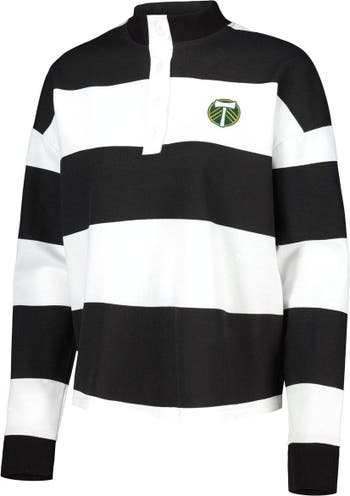 Women's Antigua White Portland Timbers Radical Rugby Stripe Long Sleeve  T-Shirt