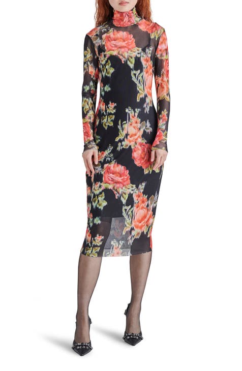 Vivienne Floral Long Sleeve Turtleneck Mesh Midi Dress