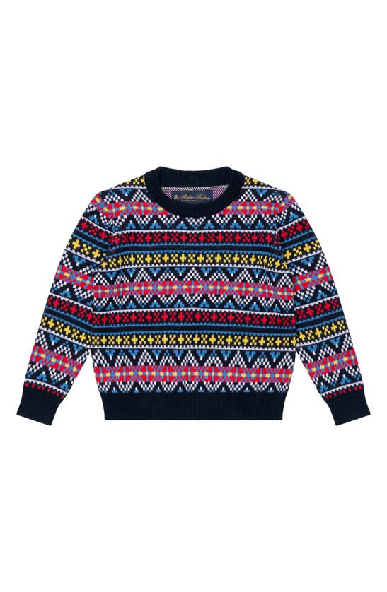 Shop Brooks Brothers Kids' Fair Isle Jacquard Cotton Crewneck Sweater In Navy