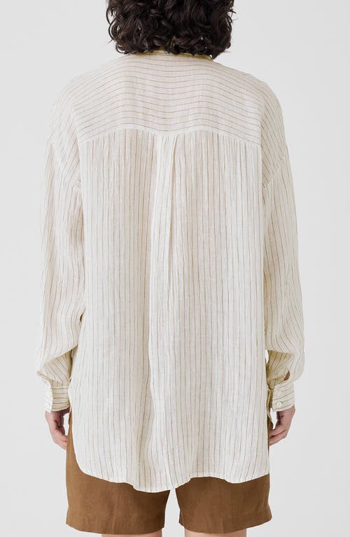 Shop Eileen Fisher Stripe Classic Collar Organic Linen Button-up Shirt In White/bronze