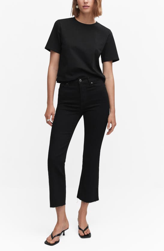 Shop Mango Raw Hem Crop Flare Jeans In Black Denim