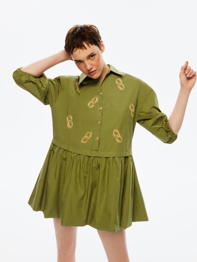 Shop Nocturne Embroidered Balloon Sleeve Dress In Khaki