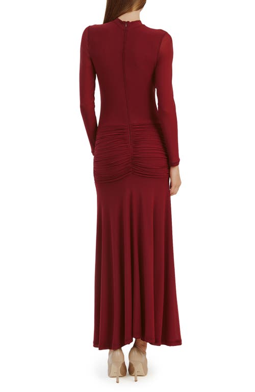 Shop Bardot Liyana Ruched Long Sleeve Mesh Maxi Dress In Burgundy